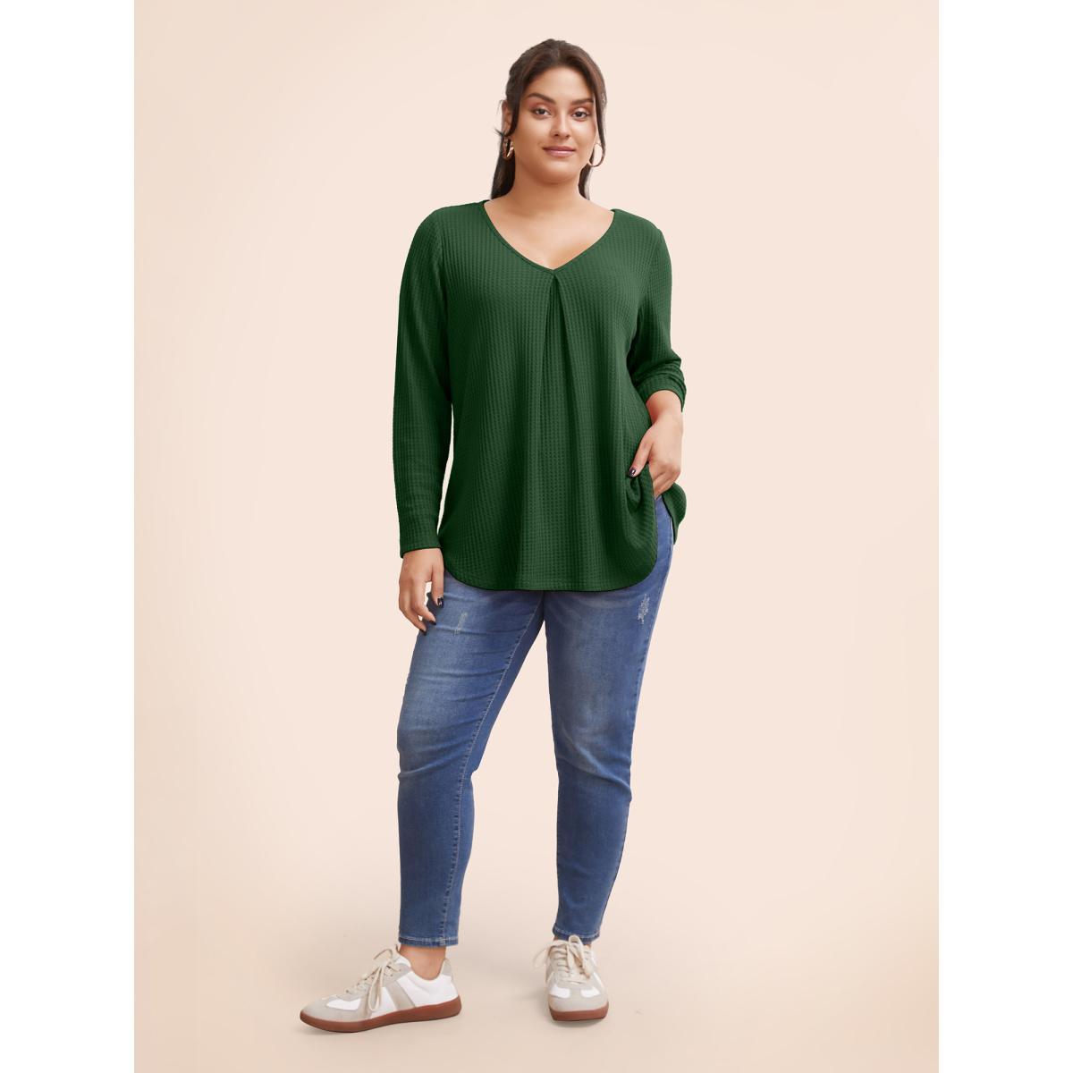 Plus Size Plain Waffle Knit Scoop Neck Plicated Detail T-shirt Black Women Casual Non Plain V-neck Everyday T-shirts BloomChic 30/6X Product Image