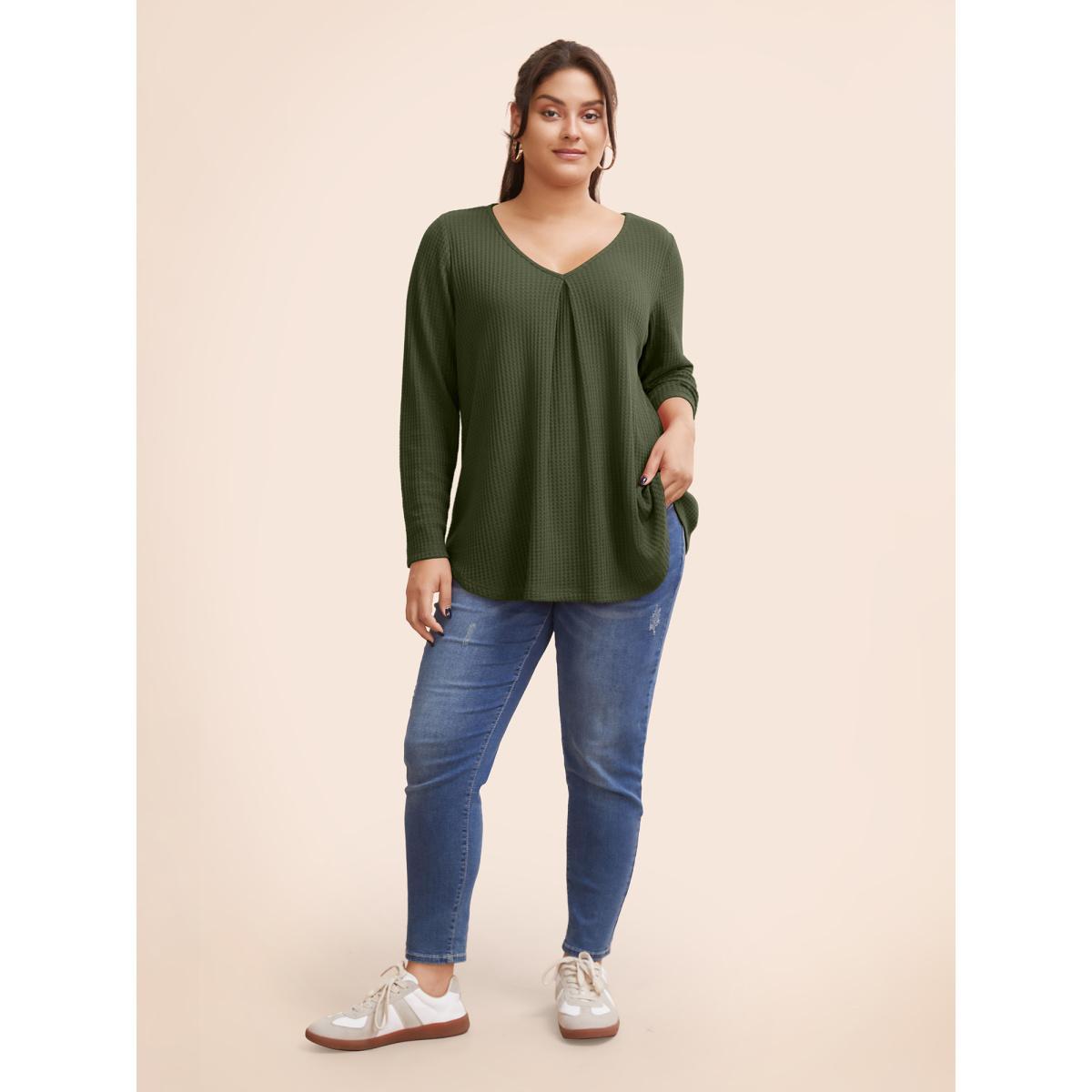 Plus Size Plain Waffle Knit Scoop Neck Plicated Detail T-shirt Rust Women Casual Non Plain V-neck Everyday T-shirts BloomChic 12/L Product Image
