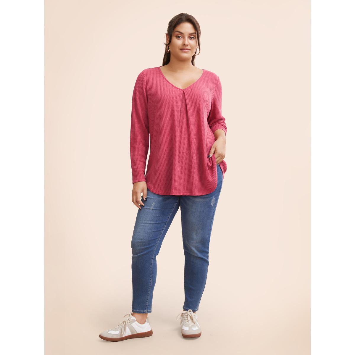 Plus Size Plain Waffle Knit Scoop Neck Plicated Detail T-shirt Salmon Women Casual Non Plain V-neck Everyday T-shirts BloomChic 14-16/1X Product Image