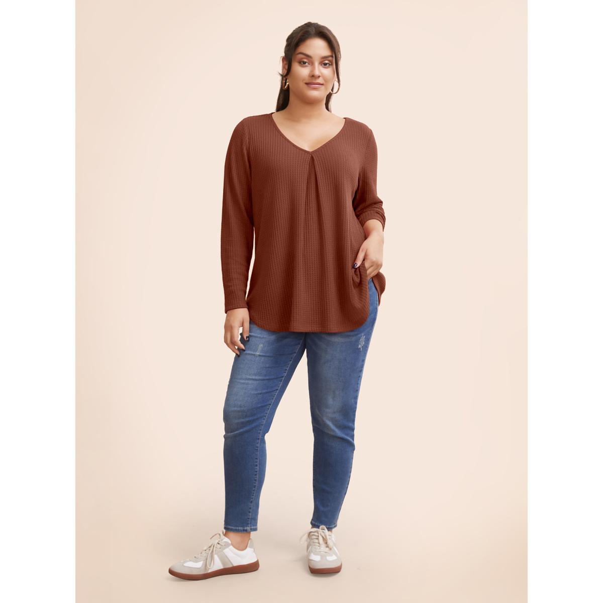 Plus Size Plain Waffle Knit Scoop Neck Plicated Detail T-shirt Rust Women Casual Non Plain V-neck Everyday T-shirts BloomChic 12/L Product Image