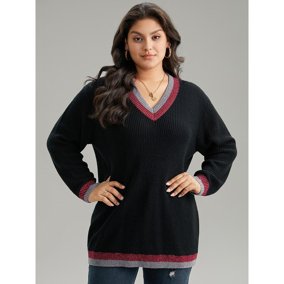 Plus Size Two Tone Trim V Neck Plisse Pullover Black Women Casual Loose Long Sleeve V-neck Dailywear Pullovers BloomChic 28/5X Product Image