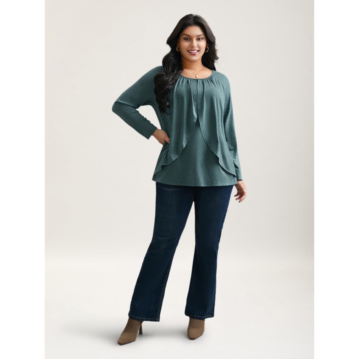 Plus Size 2-In-1 Gathered Ruffle Trim T-Shirt Teal Women Elegant Gathered Round Neck Everyday T-shirts BloomChic 10/M Product Image