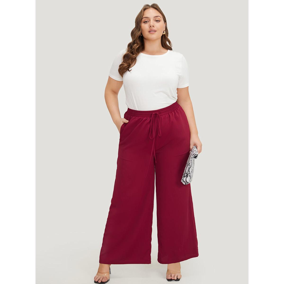 Plus Size Solid Pocket Drawstring Wide Leg Pants Women Burgundy Office Wide Leg High Rise Work Pants BloomChic 22-24/3X Product Image