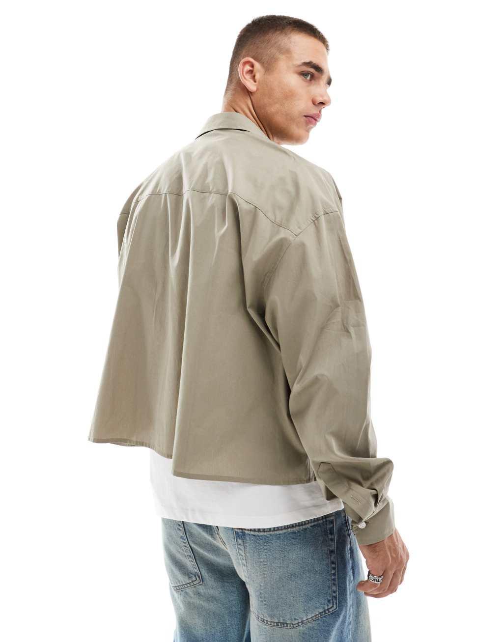 ASOS DESIGN long sleeve oversized cropped shirt in beige Product Image