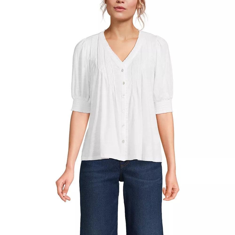 Women's Lands' End Button Pintuck Puff Sleeve Top, Size: XL, White Product Image