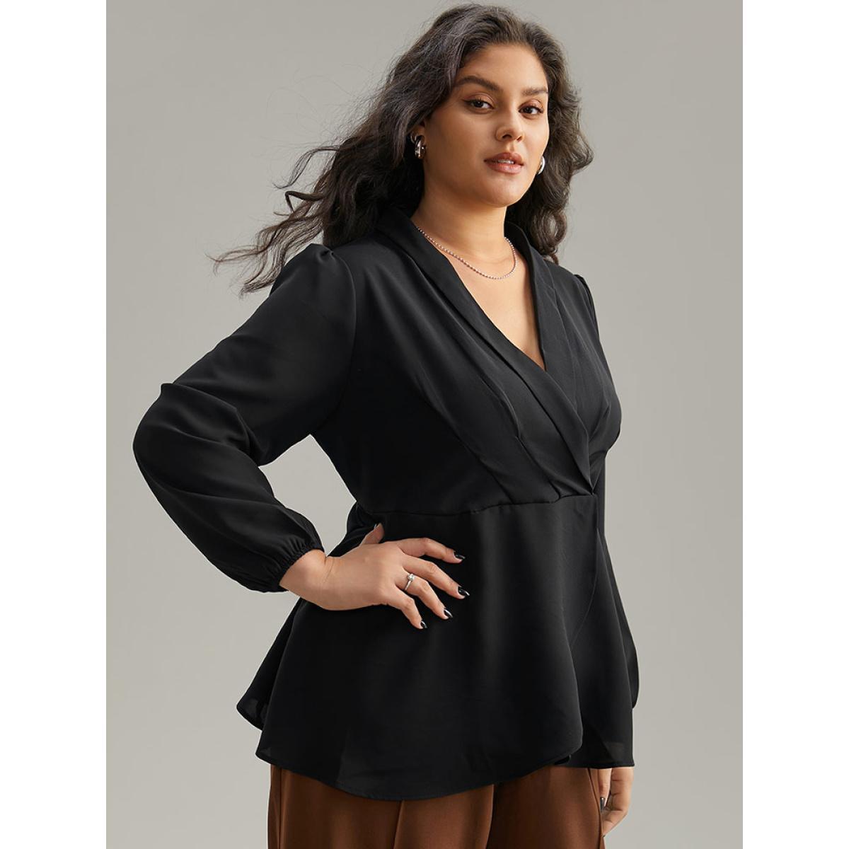 Plus Size Black Static-Free Plain Pleated Wrap Blouse Women Office Long Sleeve V-neck Dailywear Blouses BloomChic 22-24/3X Product Image