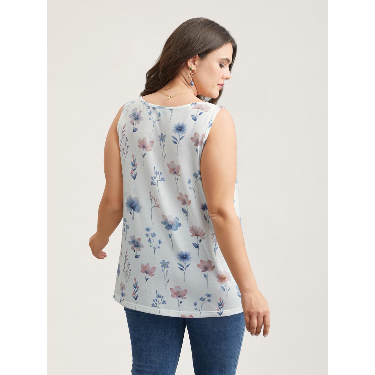 Plus Size Stretchy Floral Print Fitted Vest Women WhiteSmoke Elegant Non Round Neck Everyday Tank Tops Camis BloomChic 18-20/2X Product Image
