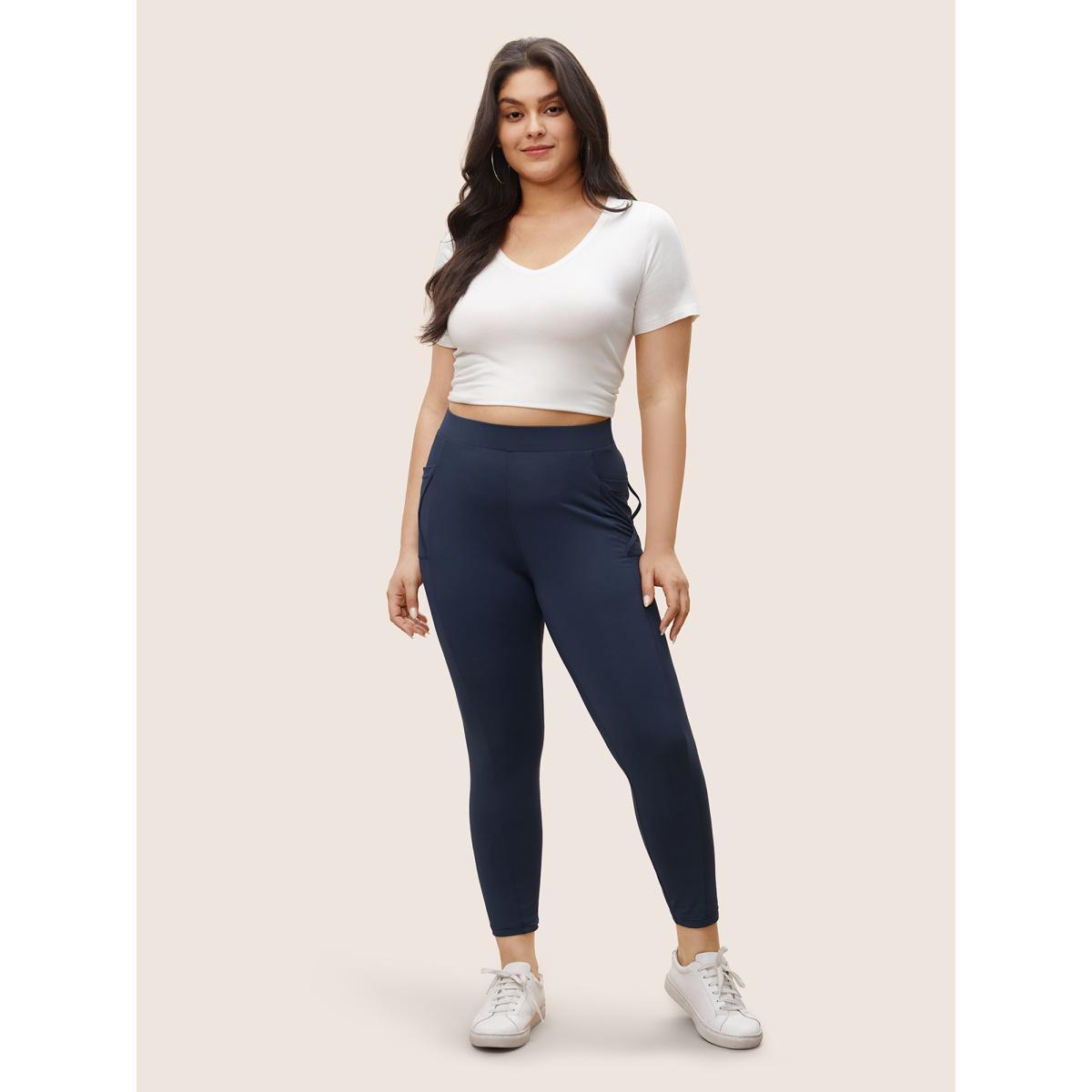 Plus Size Plain Elastic Waist Crisscross Pocket Leggings Women Midnight Casual High stretch Skinny High Rise Everyday Leggings BloomChic 18-20/2X Product Image