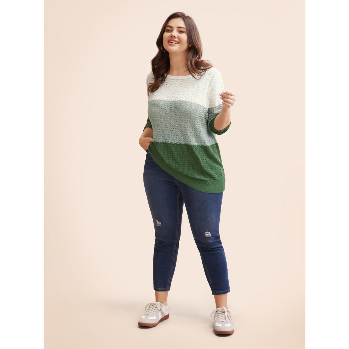 Plus Size Color Contrast Boat Neck Lightweight Pullover Moss Women Casual Loose Long Sleeve Boat Neck Everyday Pullovers BloomChic 30/6X Product Image