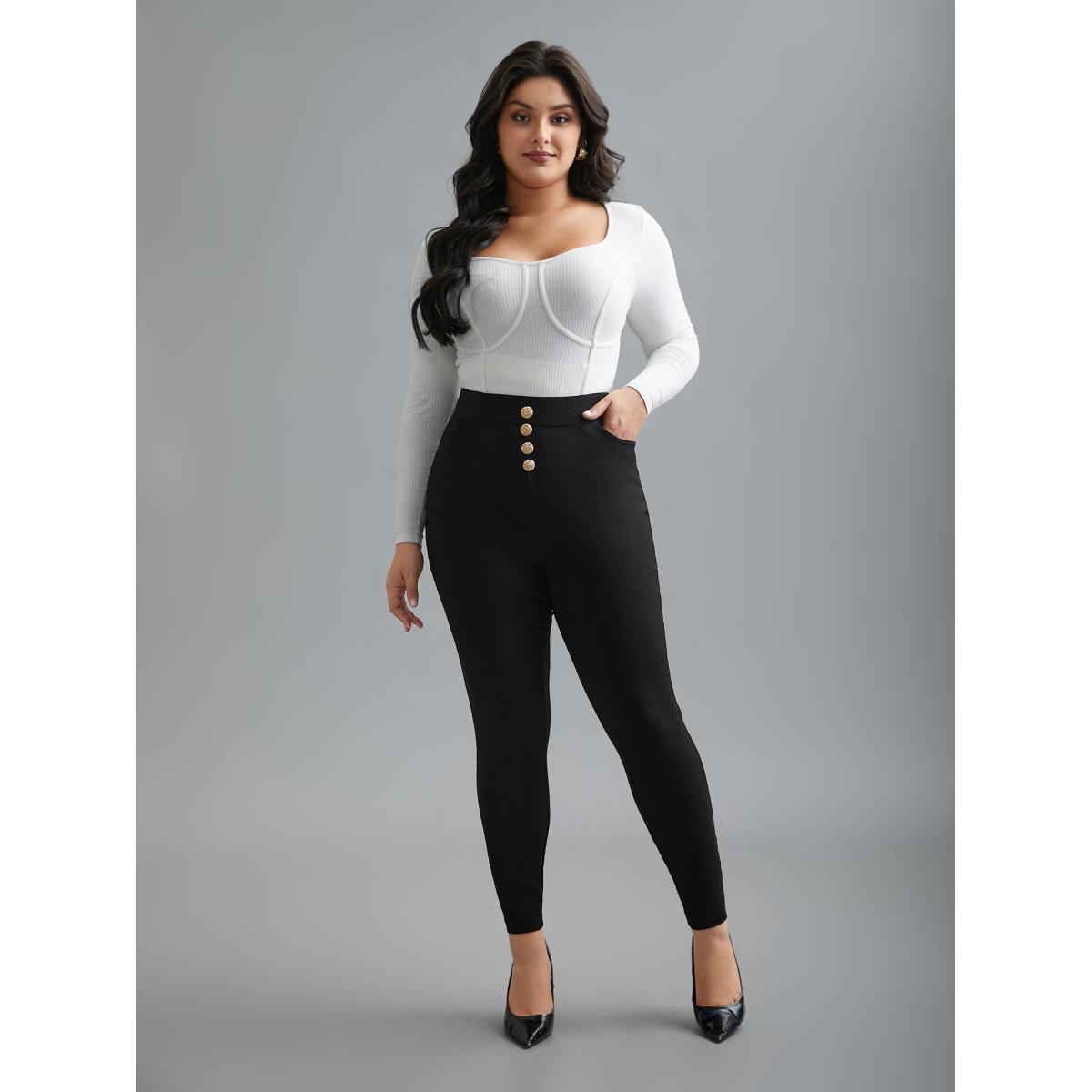 Plus Size Plain Button Detail Skinny Fit Pants Women Black Elegant Skinny Mid Rise Everyday Pants BloomChic 14-16/1X Product Image