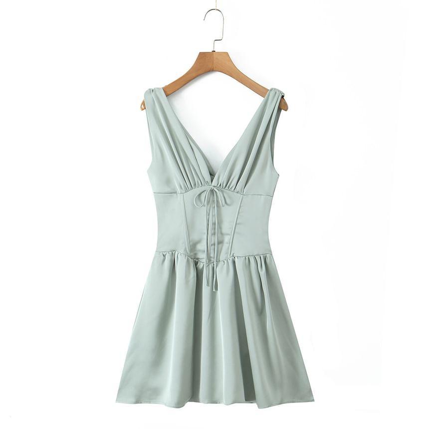 Sleeveless V-Neck Plain Bow Mini A-Line Corset Dress Product Image
