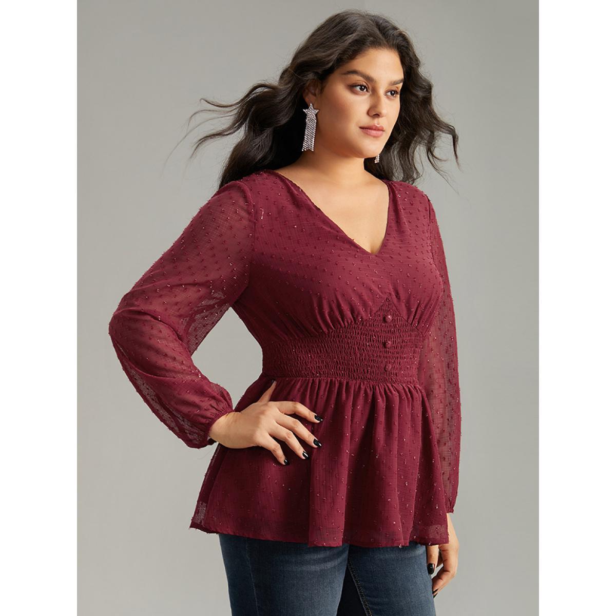 Plus Size Burgundy Plain Textured Shirred Lantern Sleeve Blouse Women Glamour Long Sleeve V-neck Work Blouses BloomChic 26/4X Product Image