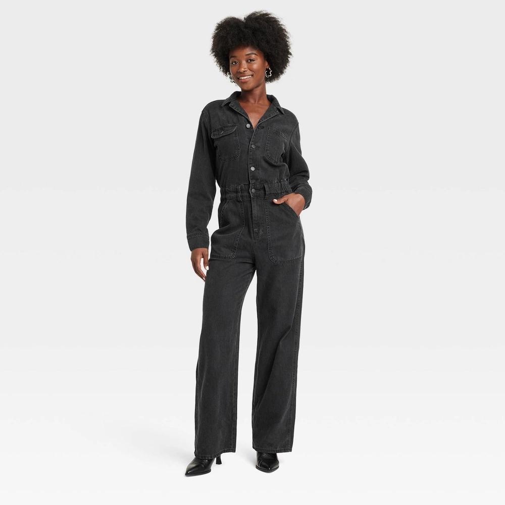 Women's Long Sleeve Utility Baggy Denim Jumpsuit - Universal Thread™ Black 8 Product Image