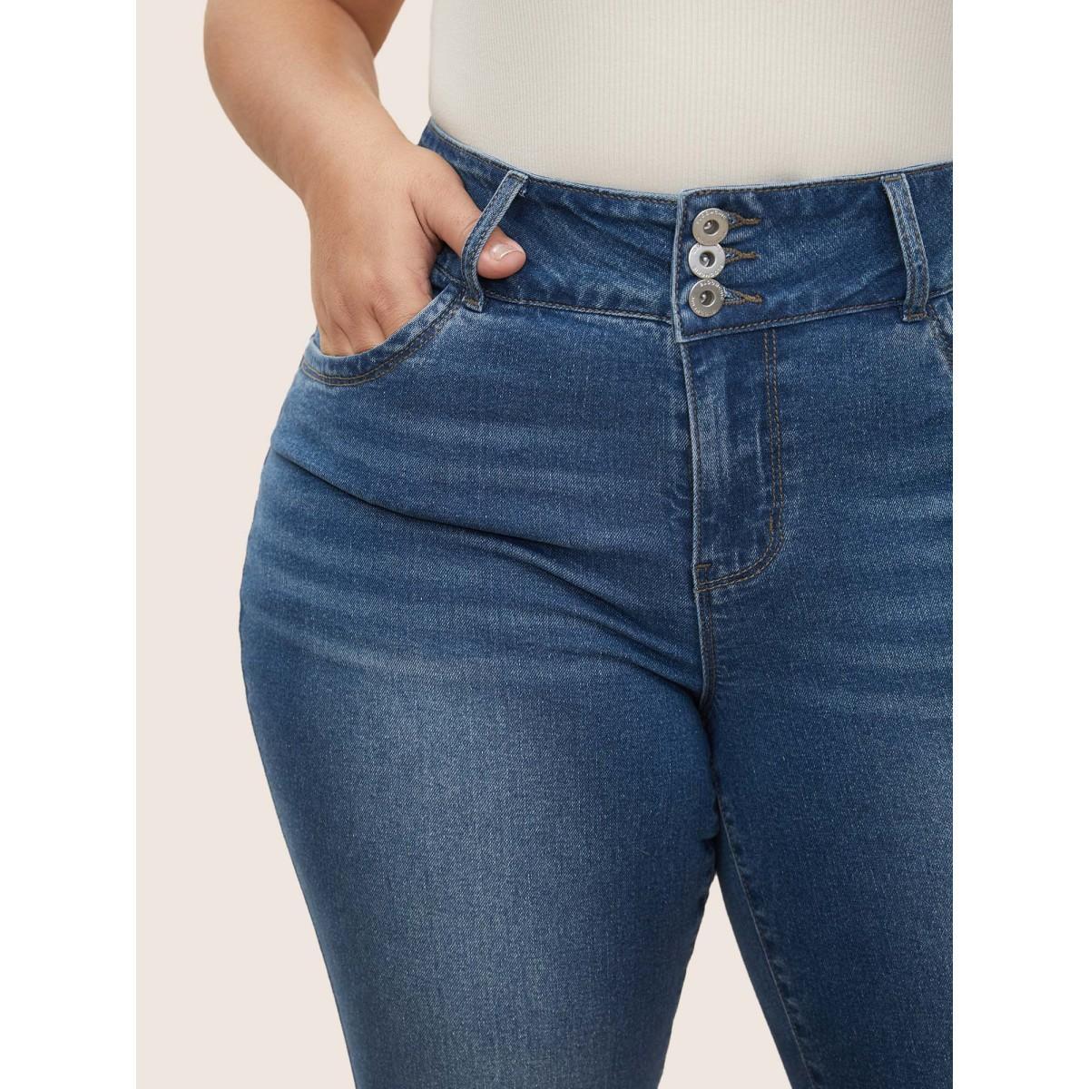 Plus Size Medium Wash Slim Cropped Jeans Women Blue Casual Button High stretch Slanted pocket Jeans BloomChic 28/5X Product Image