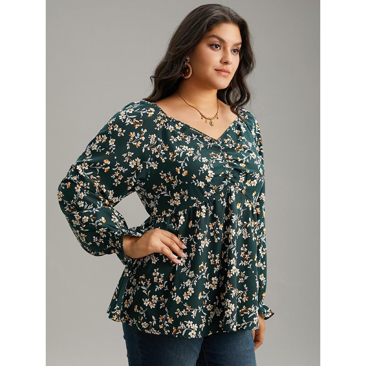 Plus Size DarkGreen Floral Print Ruched Lantern Sleeve Blouse Women Elegant Long Sleeve V-neck Dailywear Blouses BloomChic 28/5X Product Image