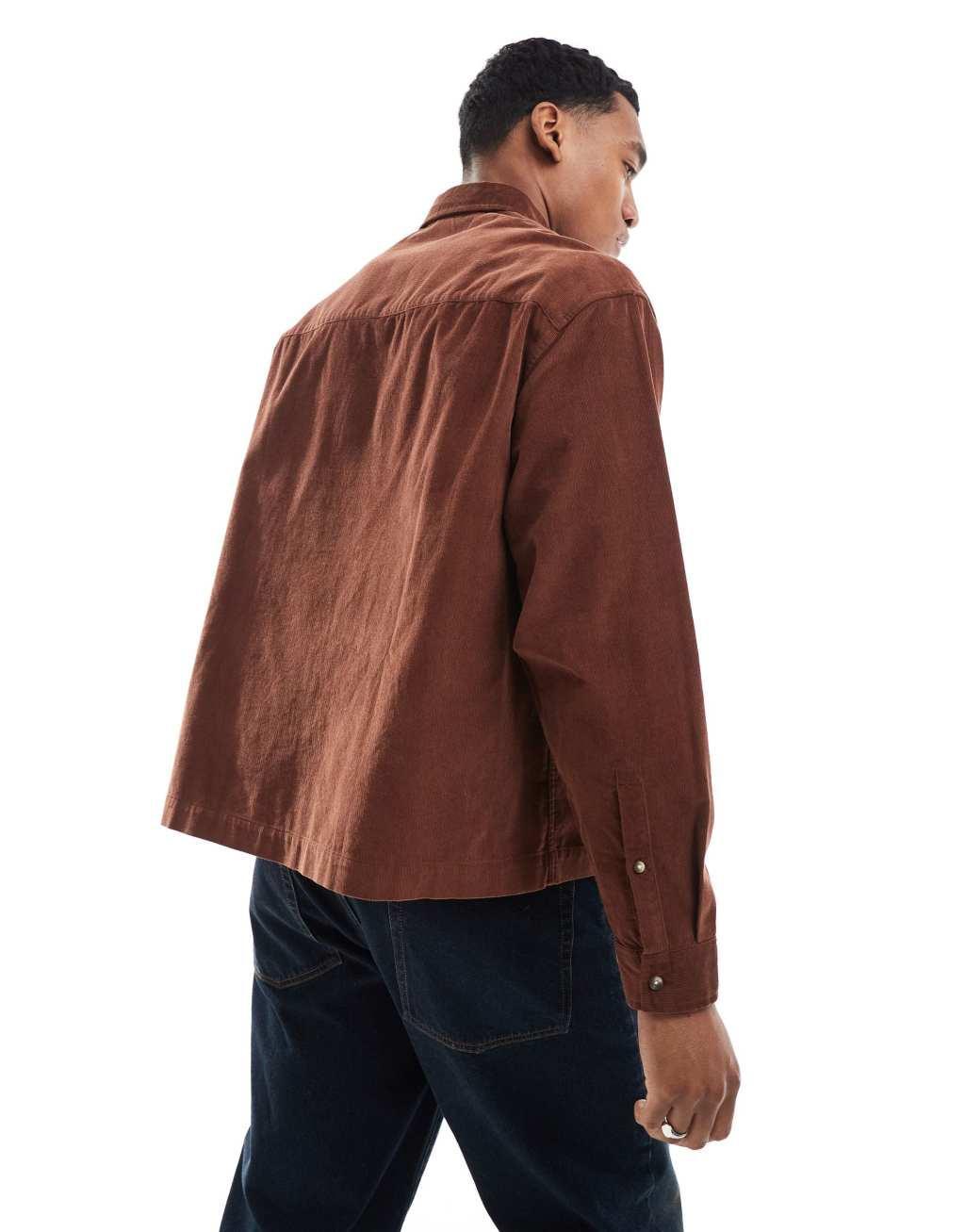 ASOS DESIGN boxy oversized cord shirt in brown Product Image