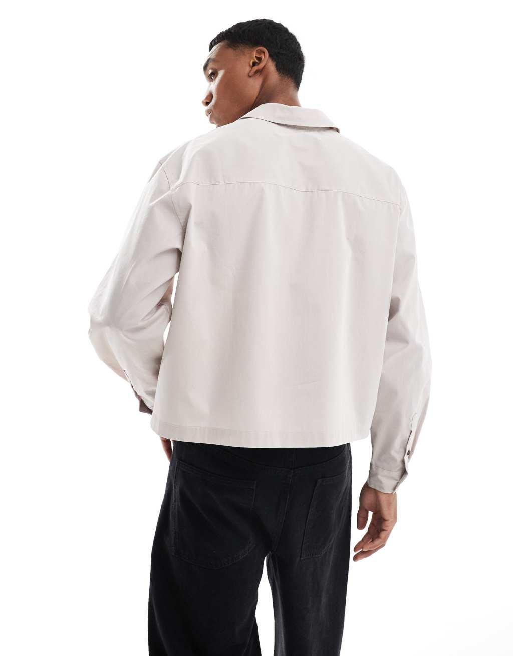 ASOS DESIGN oversized cropped poplin shirt in gray Product Image