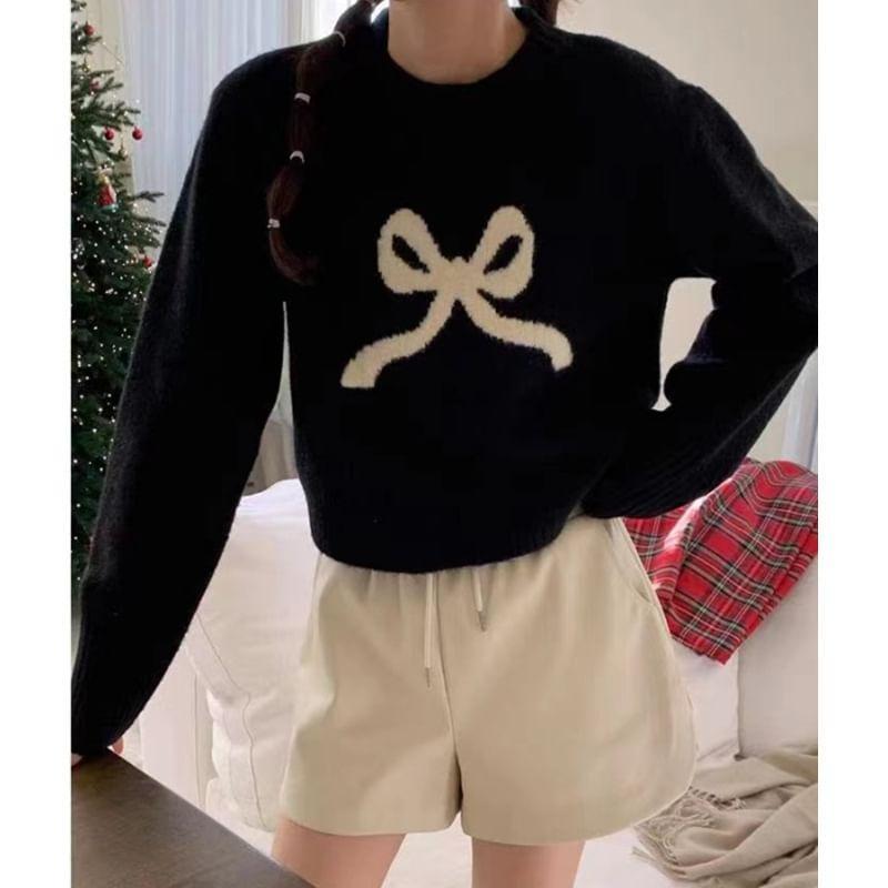 Long-Sleeve Round Neck Bow Print Sweater Product Image