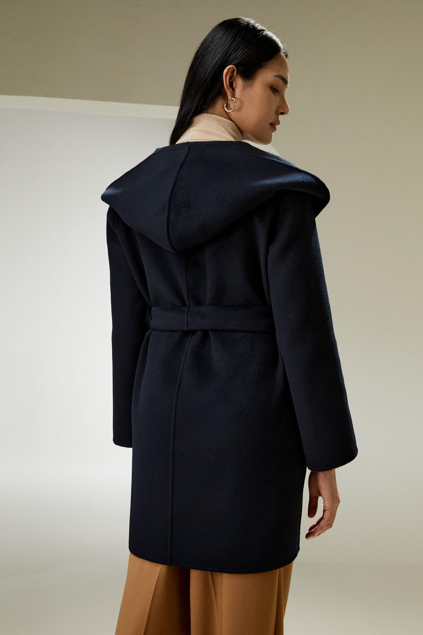 Cashmere-Wool-Blend Belted Short Hooded Coat Product Image
