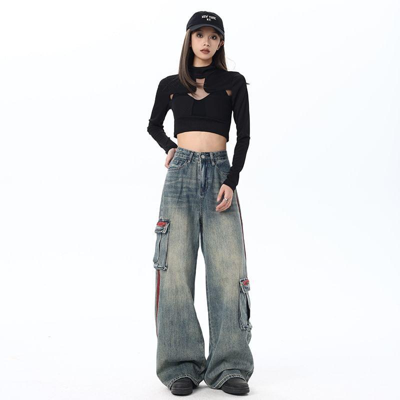 High Waist Washed Wide Leg Cargo Jeans Product Image