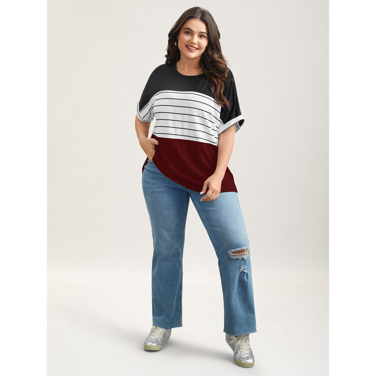 Plus Size Color-Block Stretchy Stripes T-Shirt Scarlet Women Casual Contrast Round Neck Everyday T-shirts BloomChic 10/M Product Image