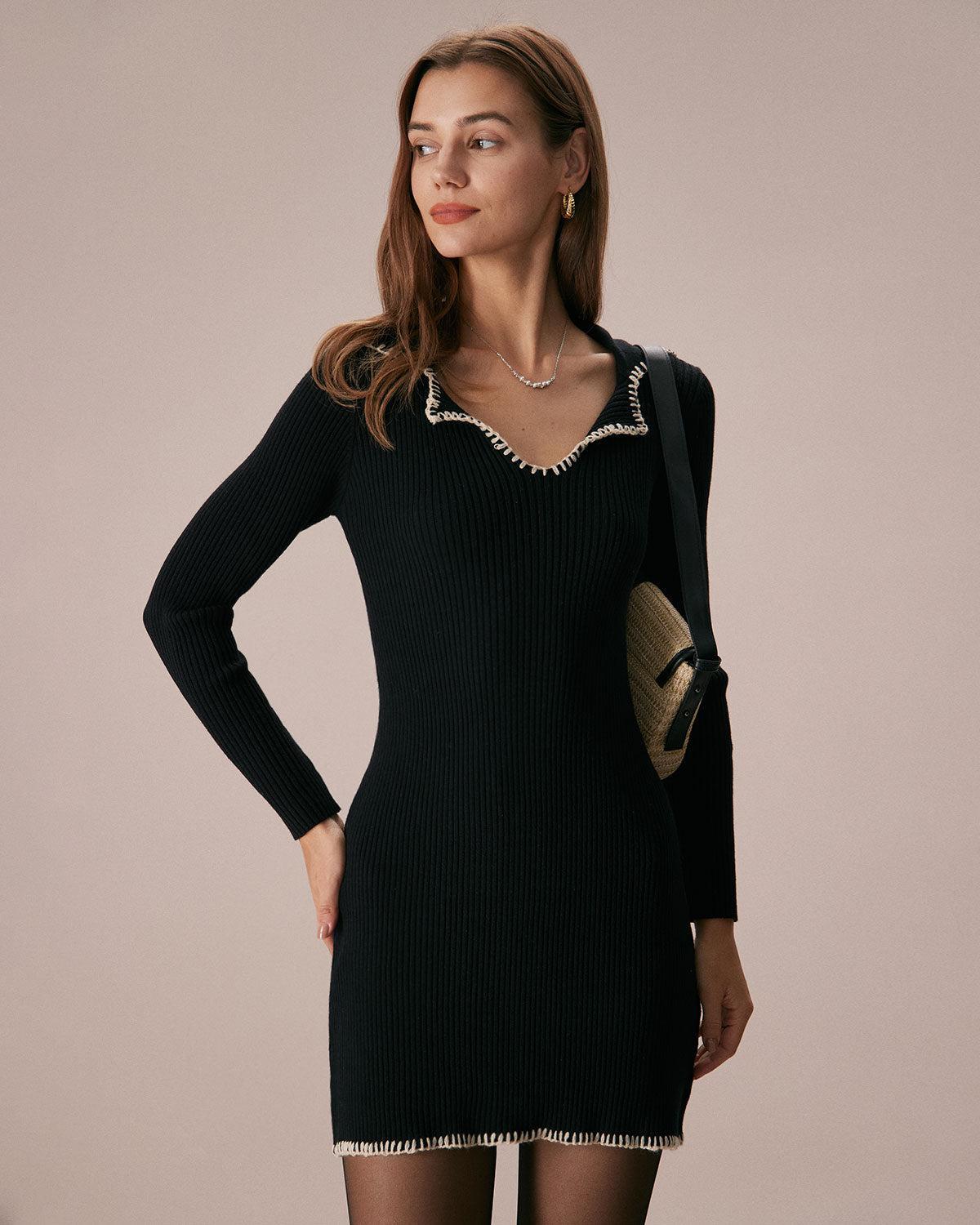The Black Contrast Stitch Sweater Mini Dress Product Image