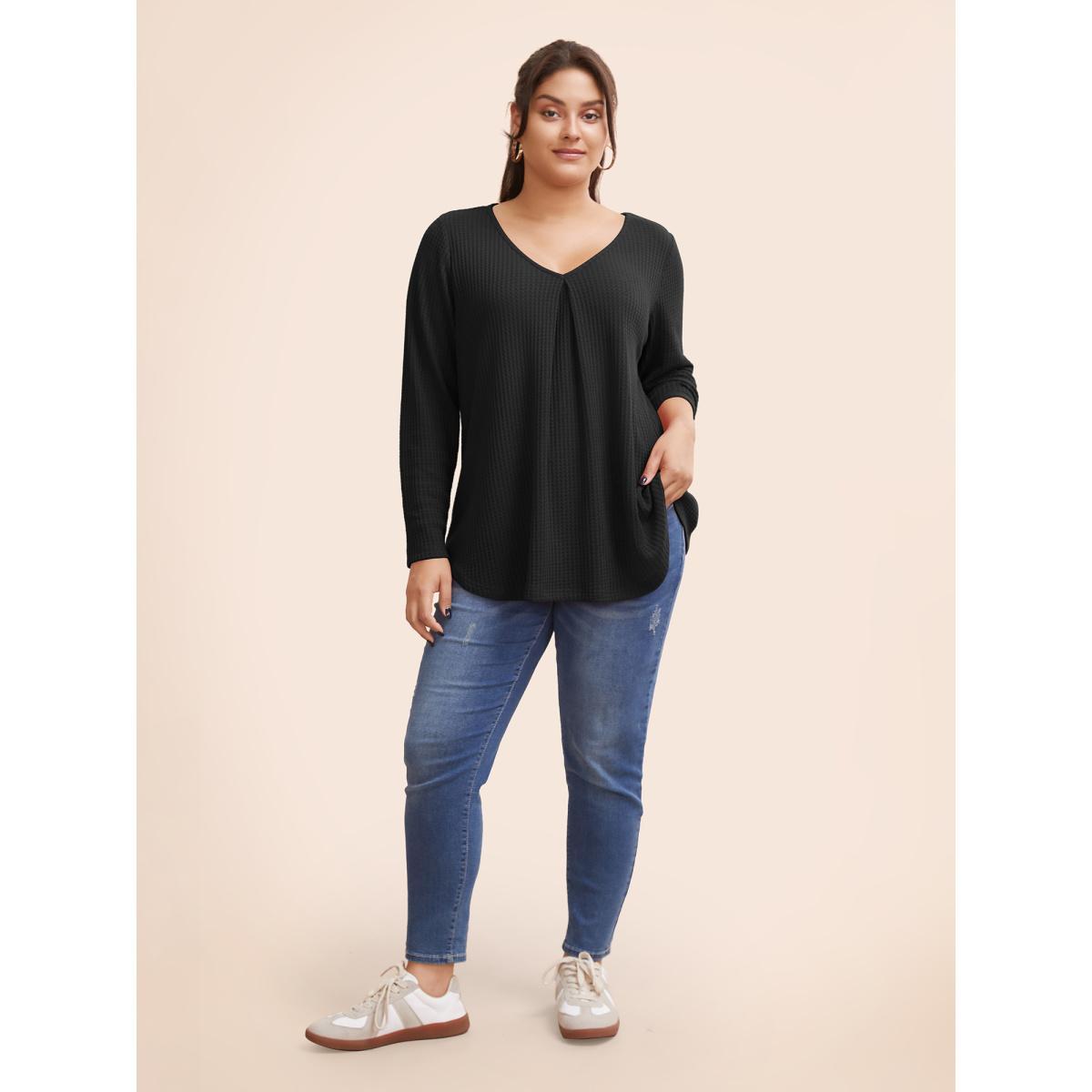 Plus Size Plain Waffle Knit Scoop Neck Plicated Detail T-shirt Black Women Casual Non Plain V-neck Everyday T-shirts BloomChic 30/6X Product Image