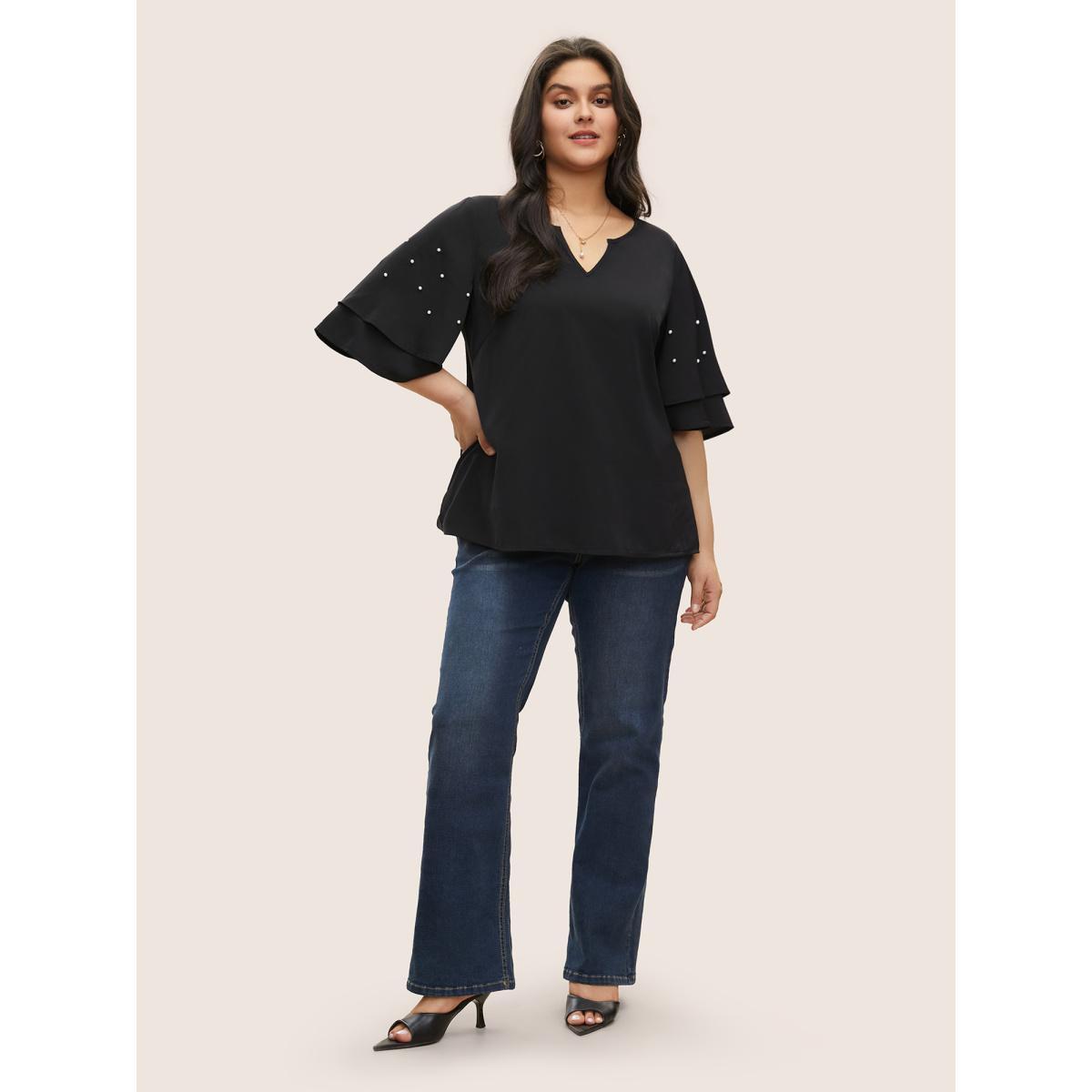 Plus Size Black Solid Pearl Beaded Ruffle Layered Sleeve Blouse Women Elegant Short sleeve V-neck Everyday Blouses BloomChic 14-16/1X Product Image
