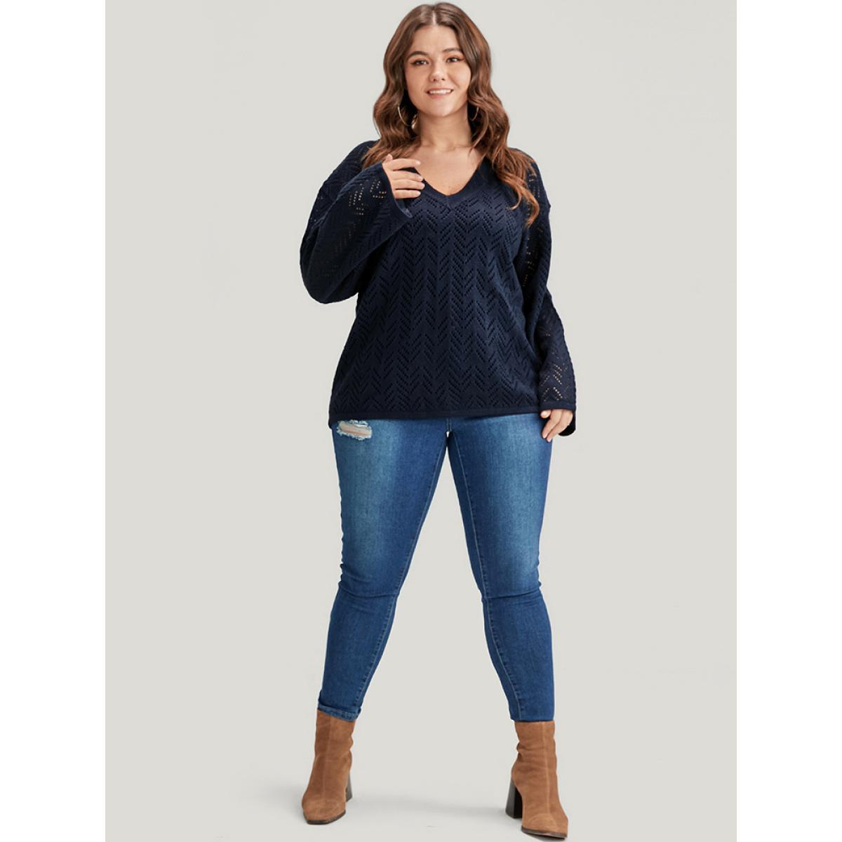 Plus Size Geometric Pointelle Knit V Neck Eyelet Knit Top Indigo Women Casual Loose Long Sleeve V-neck Dailywear Pullovers BloomChic 18-20/2X Product Image