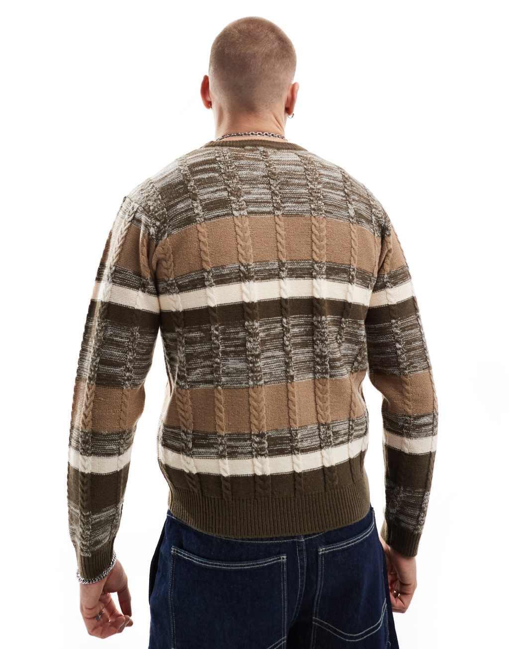 Another Influence mix match stripe round neck sweater in brown  Product Image