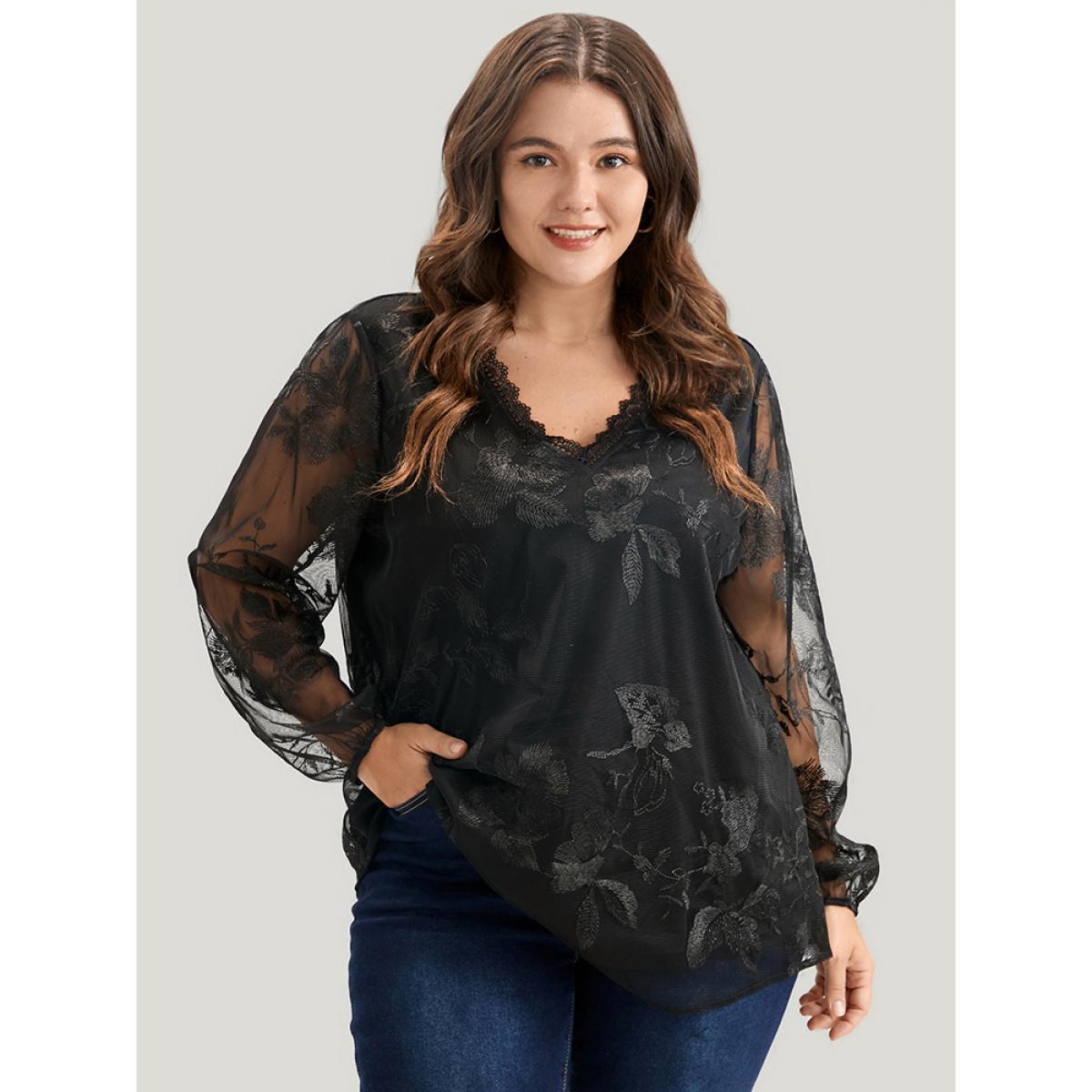 Plus Size Black Floral Lace Mesh Lantern Sleeve Blouse Women Glamour Long Sleeve V-neck Going out Blouses BloomChic 28/5X Product Image