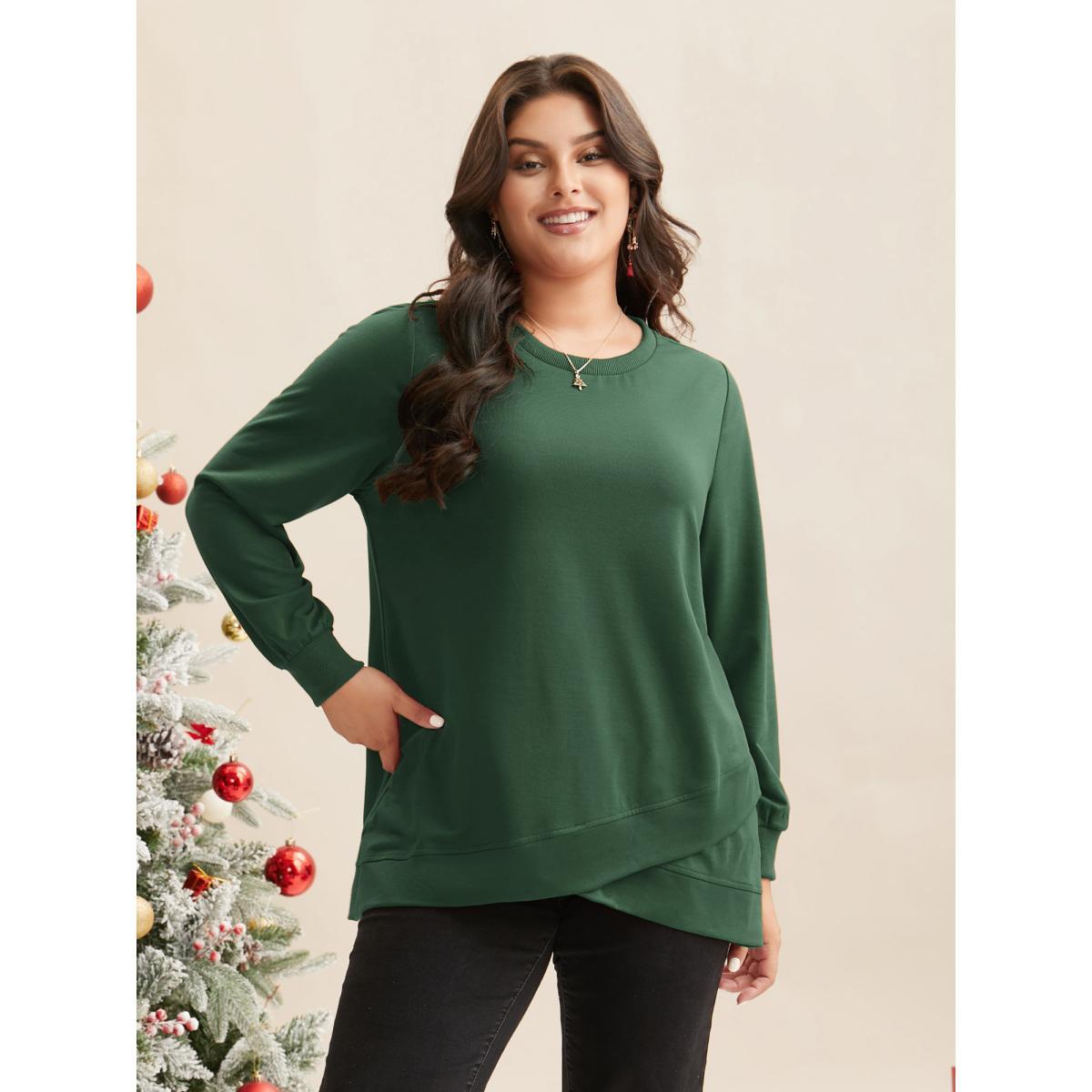 Plus Size Overlapping Hem Round Neck Sweatshirt Women DarkGreen Casual Overlapping Round Neck Everyday Sweatshirts BloomChic 30/6X Product Image