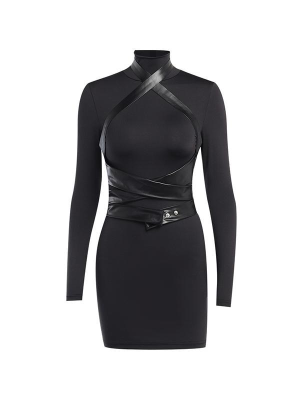 Leather Splice Long Sleeve Bodycon Mini Dress Product Image