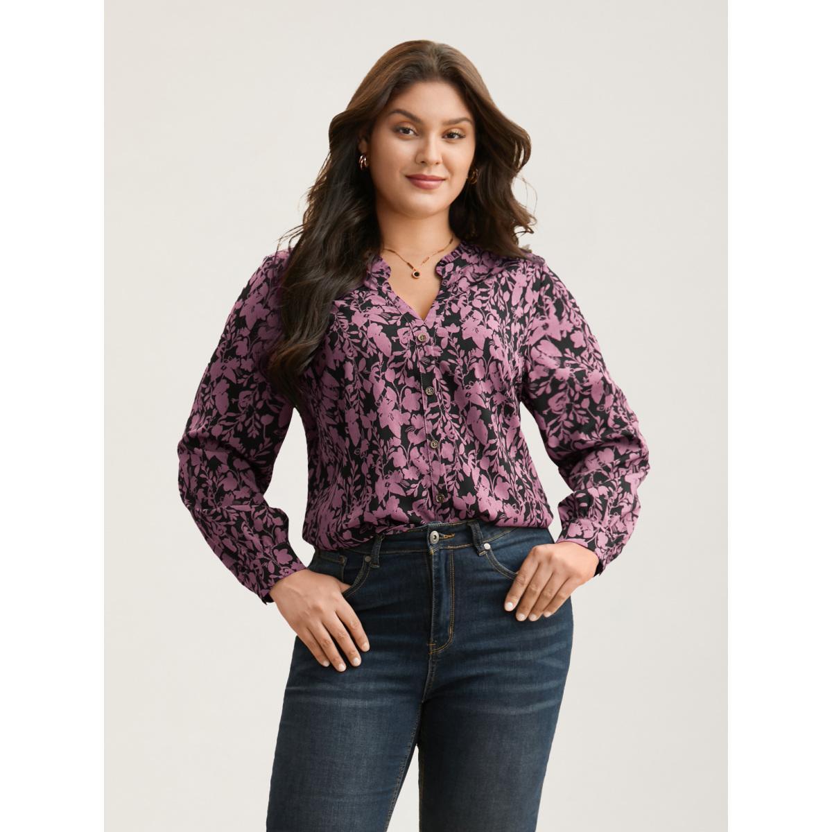 Plus Size BlackFlower Silhouette Floral Print Notched Frill Trim Blouse Women Elegant Long Sleeve Notched collar Everyday Blouses BloomChic 18-20/2X Product Image