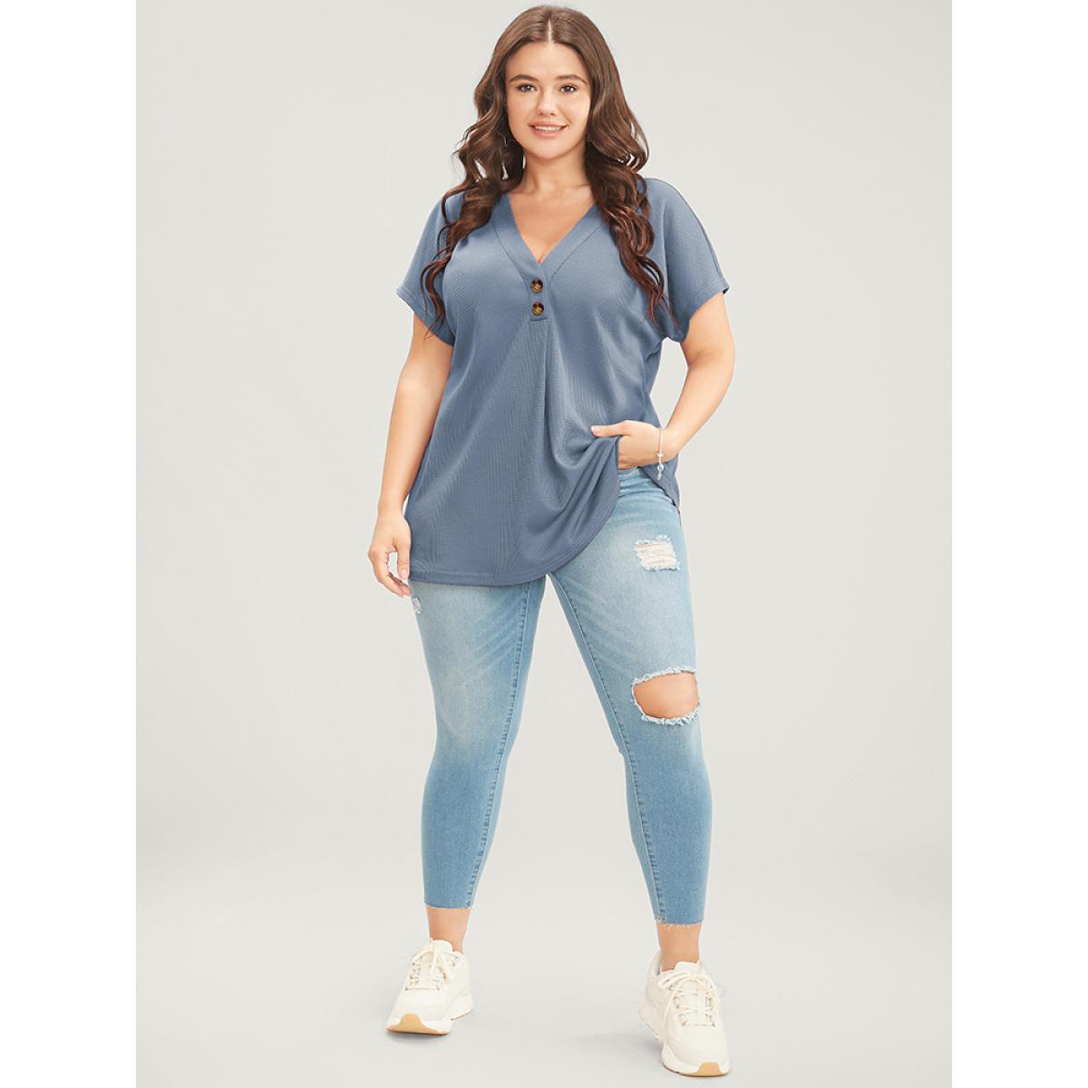 Plus Size Solid Dolman Sleeve Button Detail Waffle Knit T-shirt Stone Women Casual Button Plain V-neck Dailywear T-shirts BloomChic 28/5X Product Image