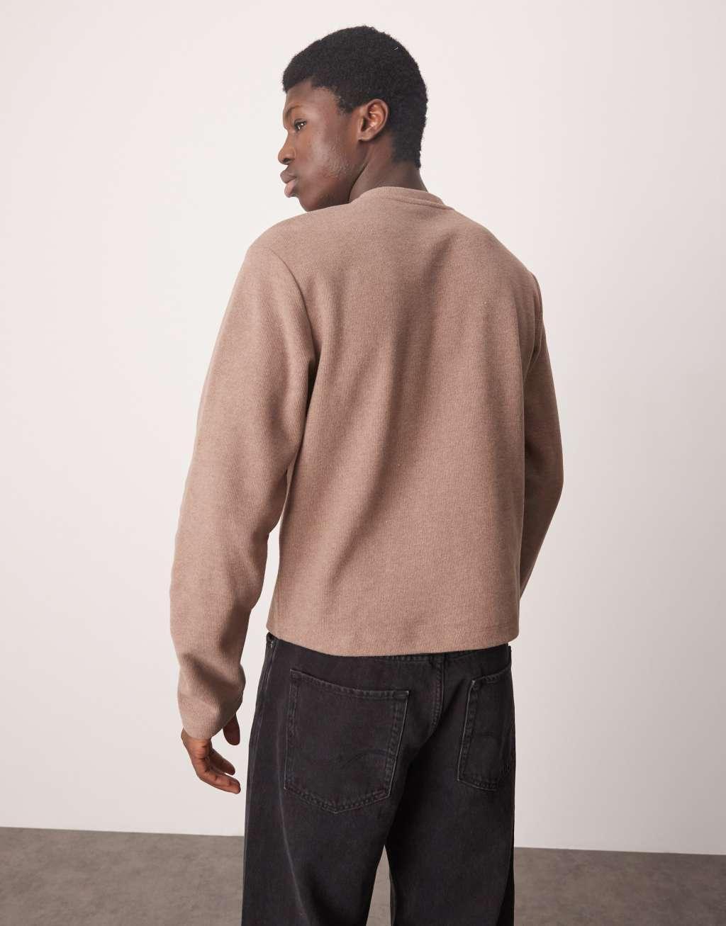 ASOS DESIGN boxy long sleeve t-shirt in brushed rib with henley neck in brown Product Image