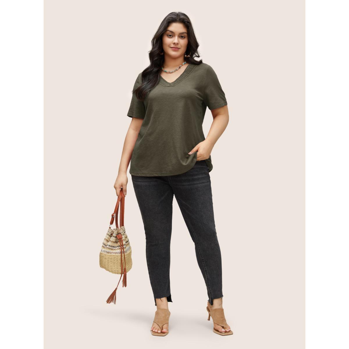 Plus Size Plain V Neck Lace Panel T-shirt ArmyGreen Women Elegant Non Plain V-neck Everyday T-shirts BloomChic 18-20/2X Product Image