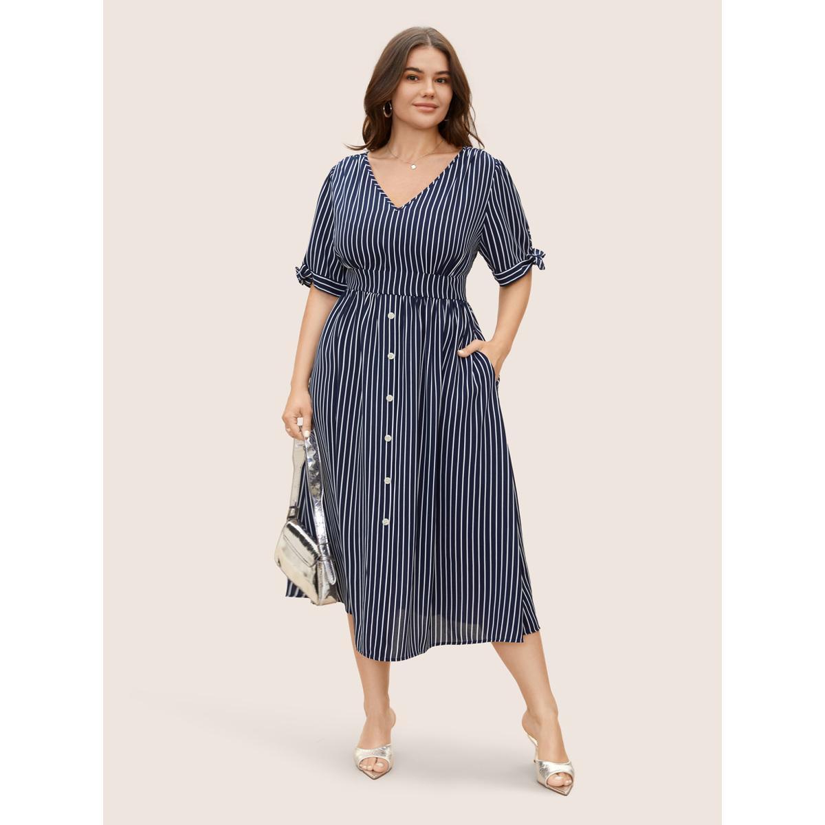 Plus Size Striped Knot Sleeve Button Detail Dress Midnight Women At the Office Tie knot V-neck Short sleeve Curvy BloomChic 10/M Product Image