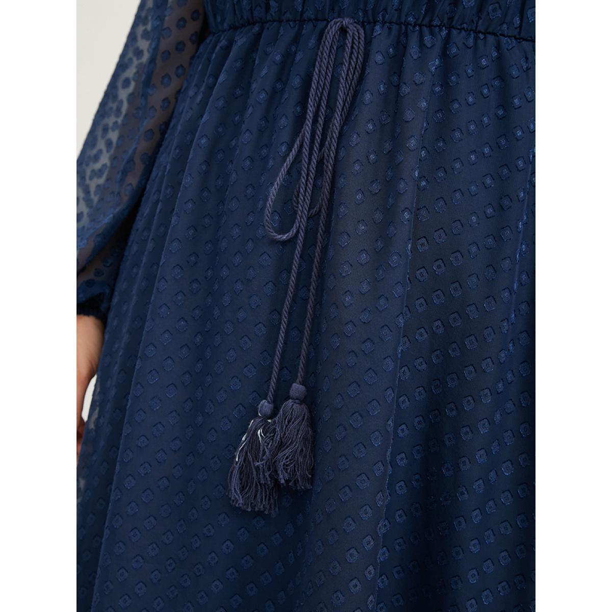 Plus Size Solid Geometric Mesh V Neck Lantern Sleeve Tie Dress Navy Women Glamour Heather V-neck Long Sleeve Curvy Midi Dress BloomChic 10/M Product Image