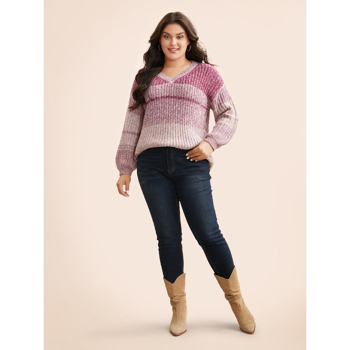 Plus Size Colorblock Contrast Puff Sleeve Pullover Peach Women Casual Loose Long Sleeve V-neck Everyday Pullovers BloomChic 12/L Product Image