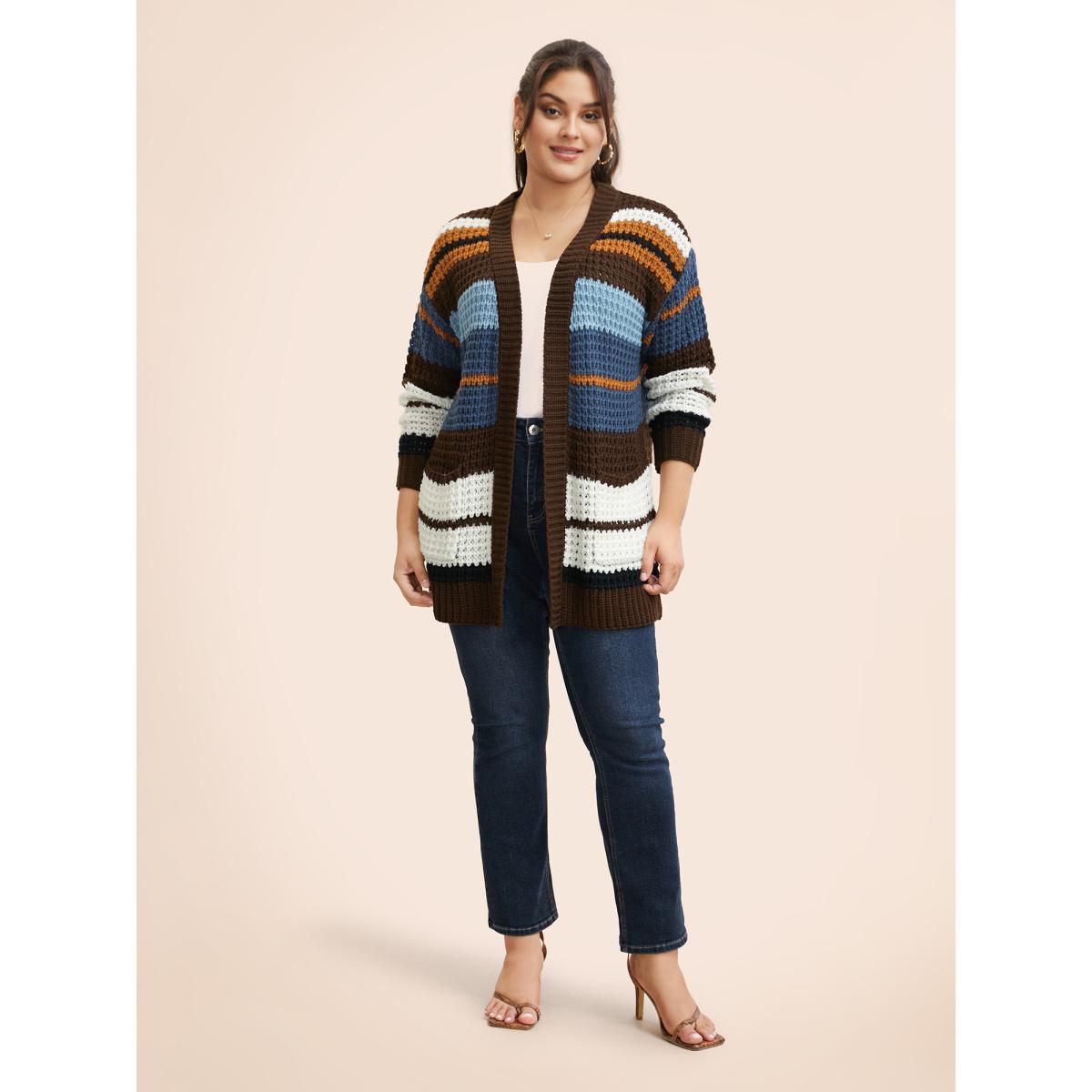 Plus Size Colorblock Contrast Patched Pocket Cardigan DarkBrown Women Casual Loose Long Sleeve Everyday Cardigans BloomChic 18-20/2X Product Image