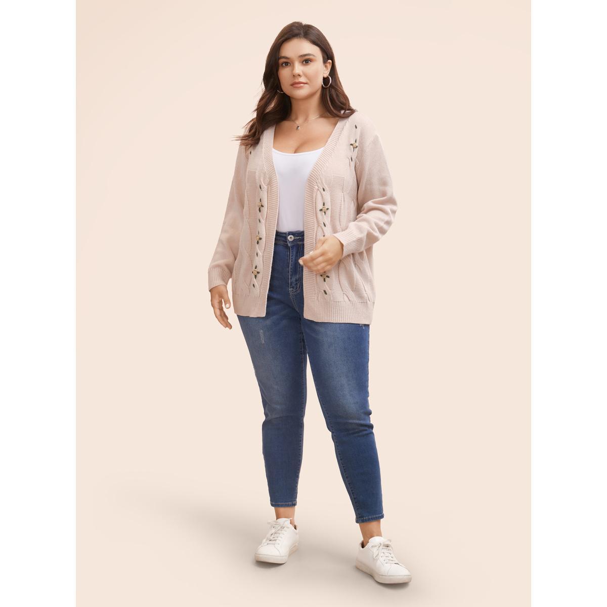 Plus Size Floral Embroidered Kimono Collar Cable Knit Cardigan MistyRose Women Casual Loose Long Sleeve Everyday Cardigans BloomChic 22-24/3X Product Image