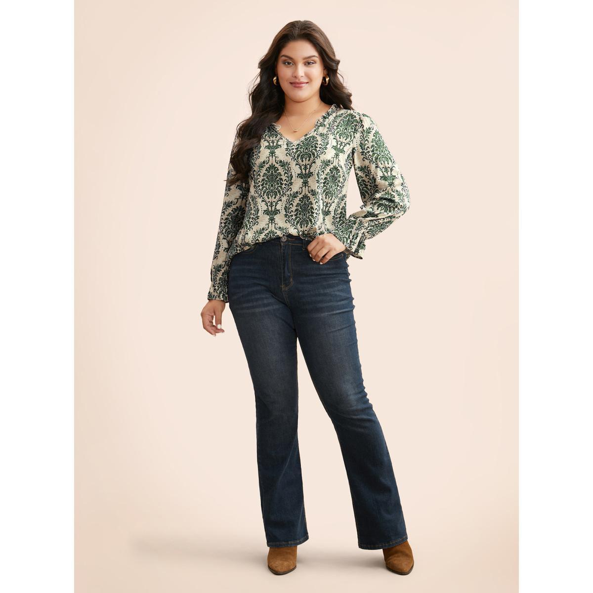 Plus Size DarkGreen Boho Print Frill Trim Slit Hem Blouse Women Elegant Long Sleeve Notched collar Everyday Blouses BloomChic 30/6X Product Image