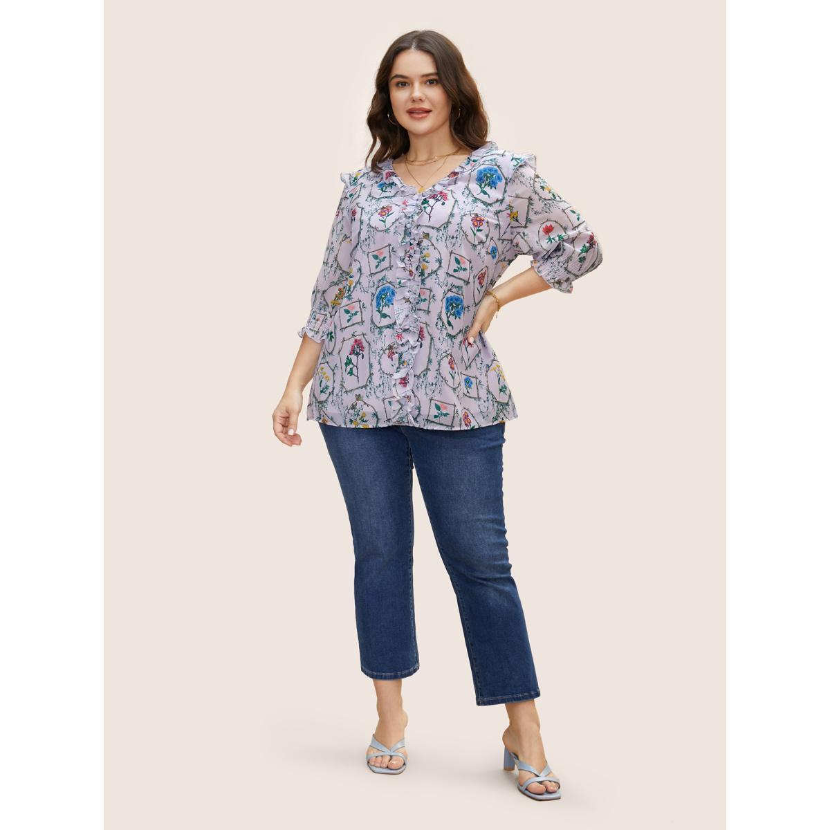 Plus Size Lavender Boho Print Lantern Sleeve Ruffle Trim Blouse Women Elegant Elbow-length sleeve V-neck Everyday Blouses BloomChic 14-16/1X Product Image