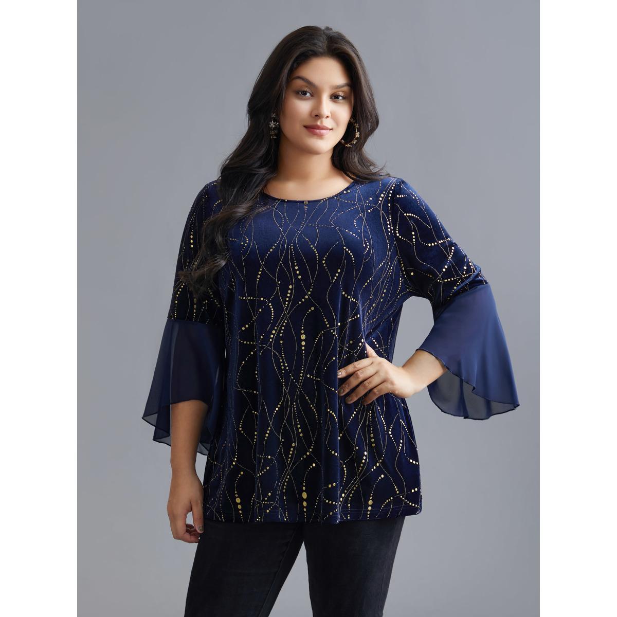 Plus Size Indigo Velvet Glitter Mesh Bell Sleeve Patchwork Blouse Women Cocktail Elbow-length sleeve Round Neck Party Blouses BloomChic 26/4X Product Image
