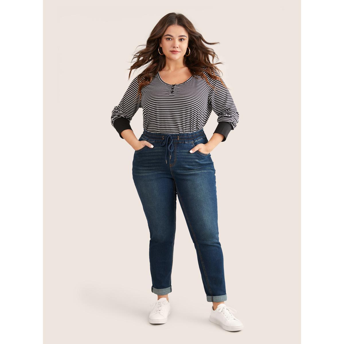 Plus Size Drawstring Elastic Waist Straight Leg Jeans Women Indigo Casual Plain Non High stretch Slanted pocket Jeans BloomChic 12/L Product Image