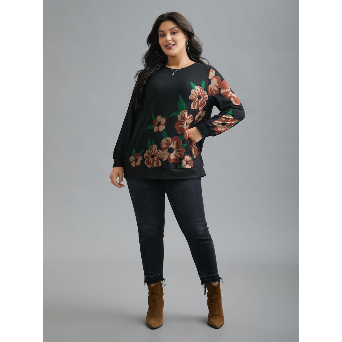 Plus Size Round Neck Floral Print Fitted Sweatshirt Women Black Casual Non Round Neck Everyday Sweatshirts BloomChic 18-20/2X Product Image