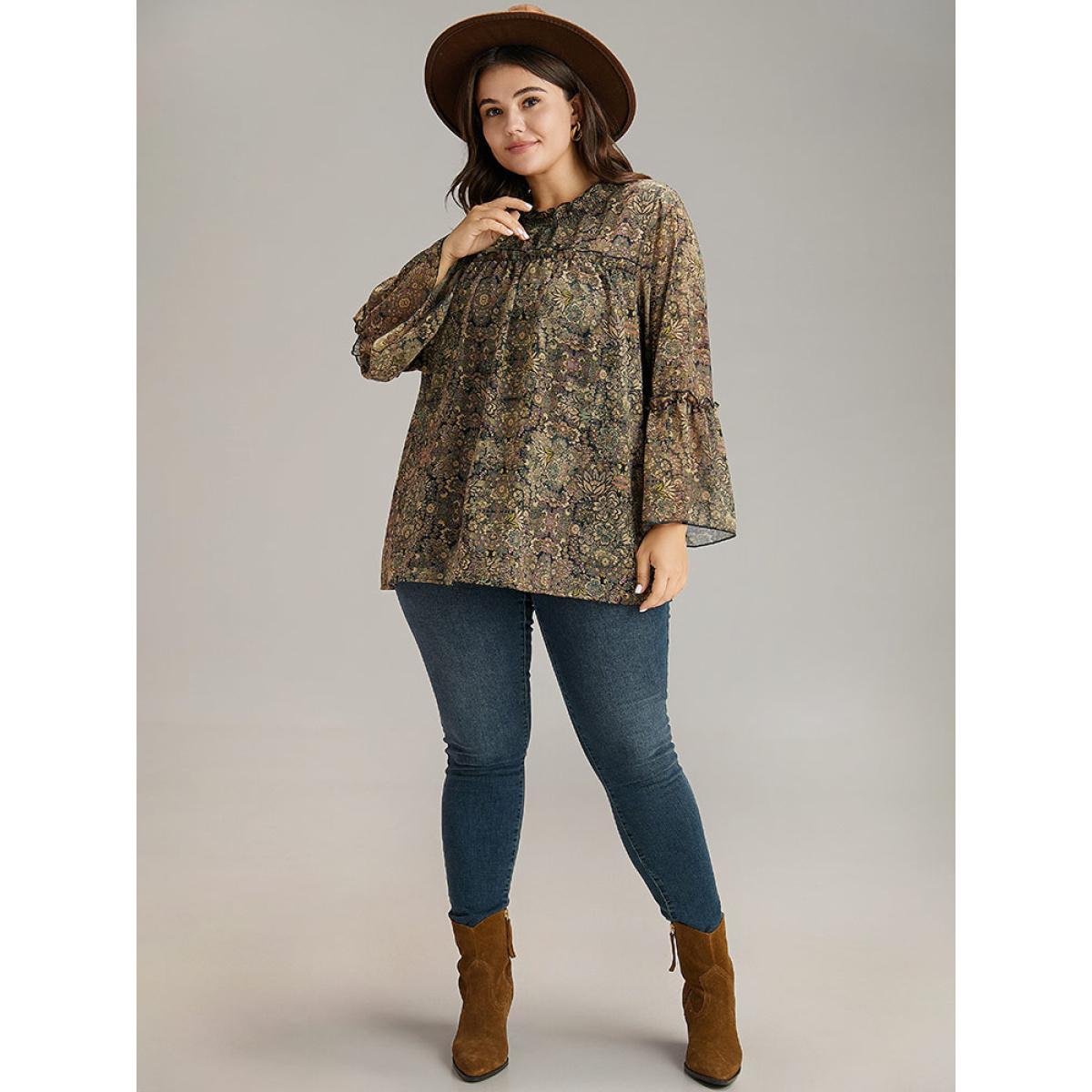 Plus Size Bronze Bandana Print Mesh Frill Trim Blouse Women Elegant Long Sleeve Round Neck Vacation Blouses BloomChic 12/L Product Image
