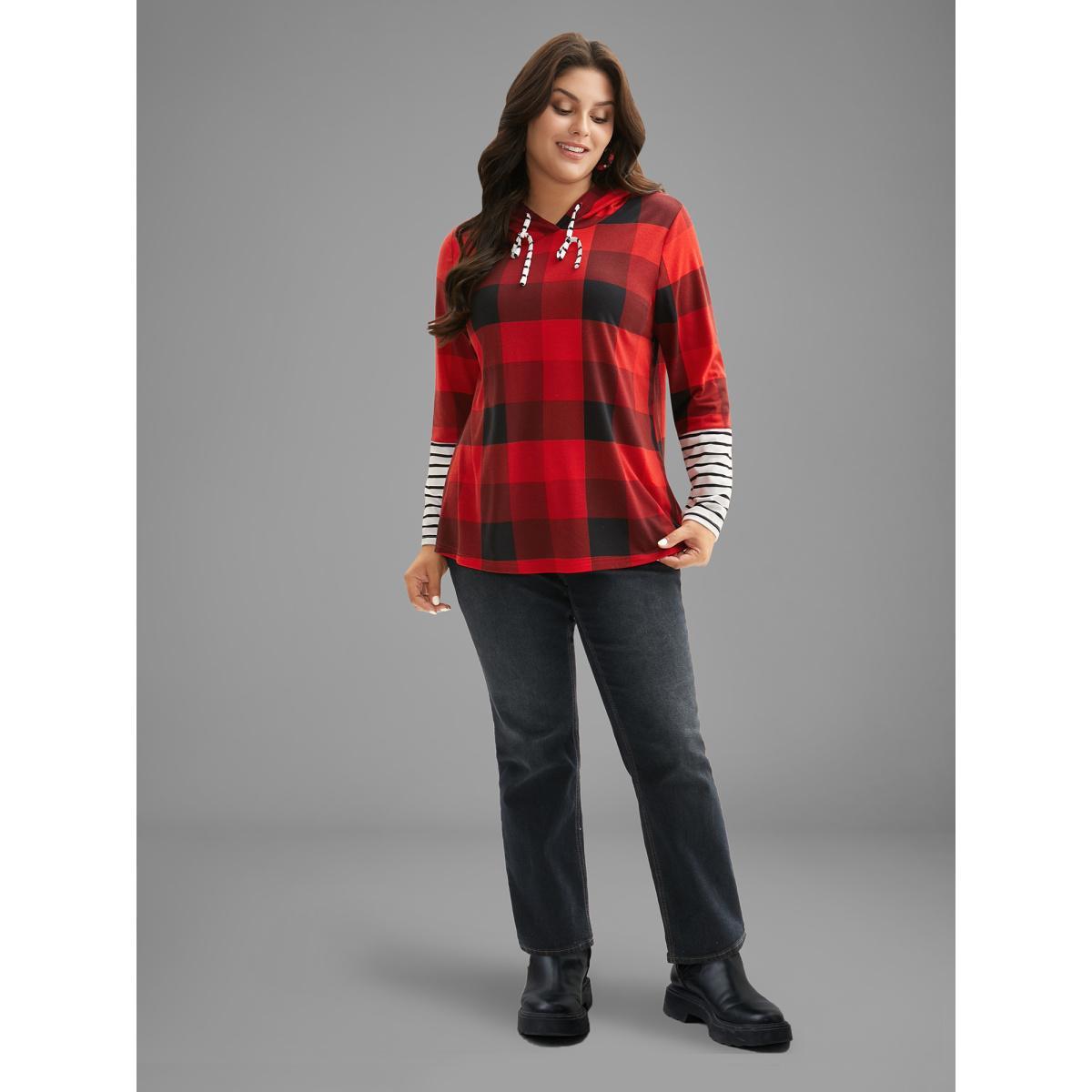 Plus Size Plaid Hooded Drawstring Straight Fit Tee Brightred Women Casual Contrast Hooded Everyday T-shirts BloomChic 30/6X Product Image