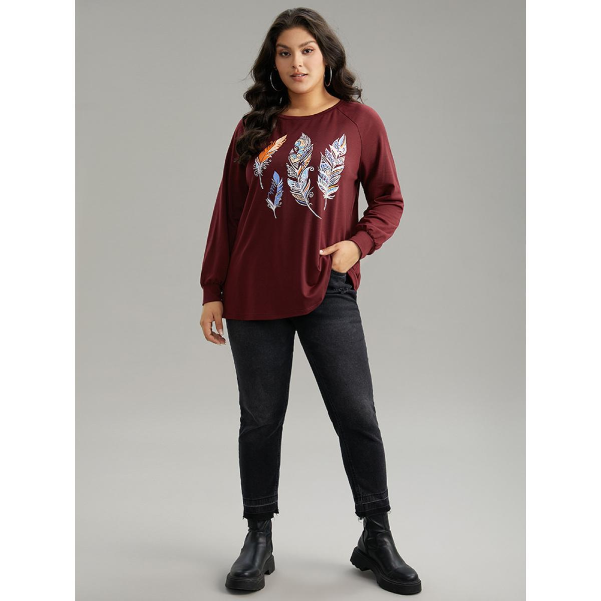 Plus Size Feather Print Crew Neck Raglan Sleeve Sweatshirt Women Scarlet Casual Printed Dailywear Sweatshirts BloomChic 26/4X Product Image